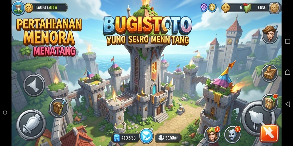 Screenshot gameplay BUGISTOTO yang menunjukkan aksi menara bertahan.