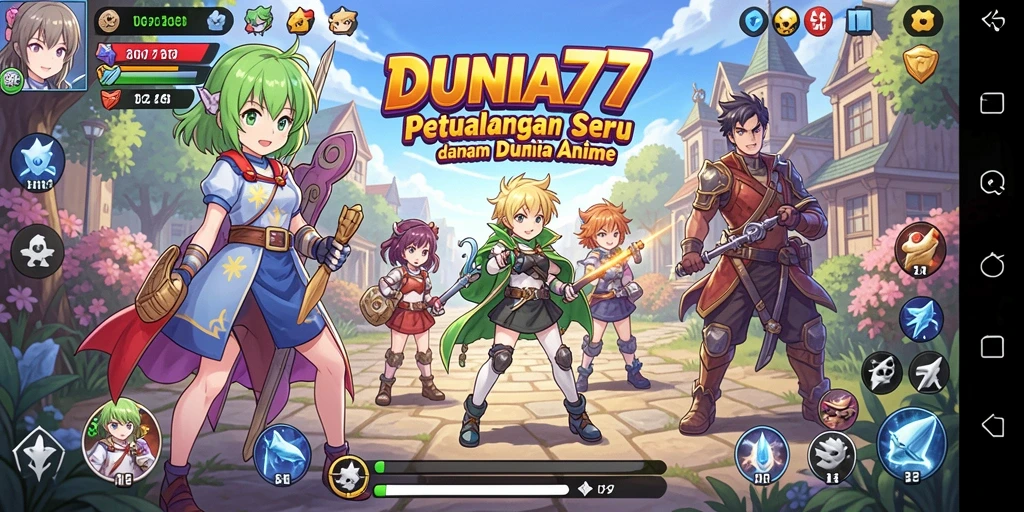 Screenshot gameplay DUNIA77 menunjukkan pertarungan karakter anime yang seru.