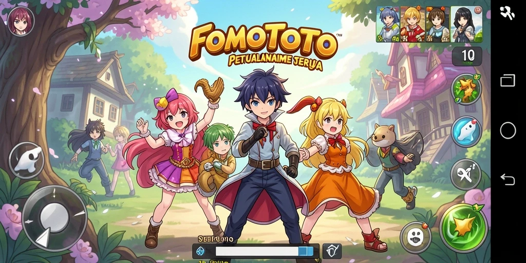Gameplay FOMOTOTO menampilkan karakter anime yang beraksi di dunia fantastis.