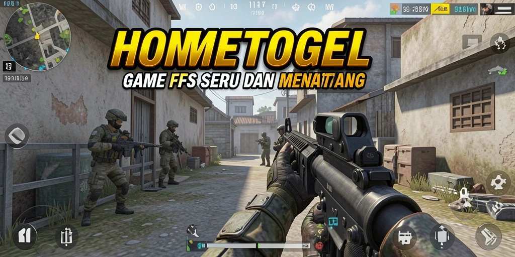 Screenshot HOMETOGEL yang menunjukkan aksi pertempuran FPS yang intens.