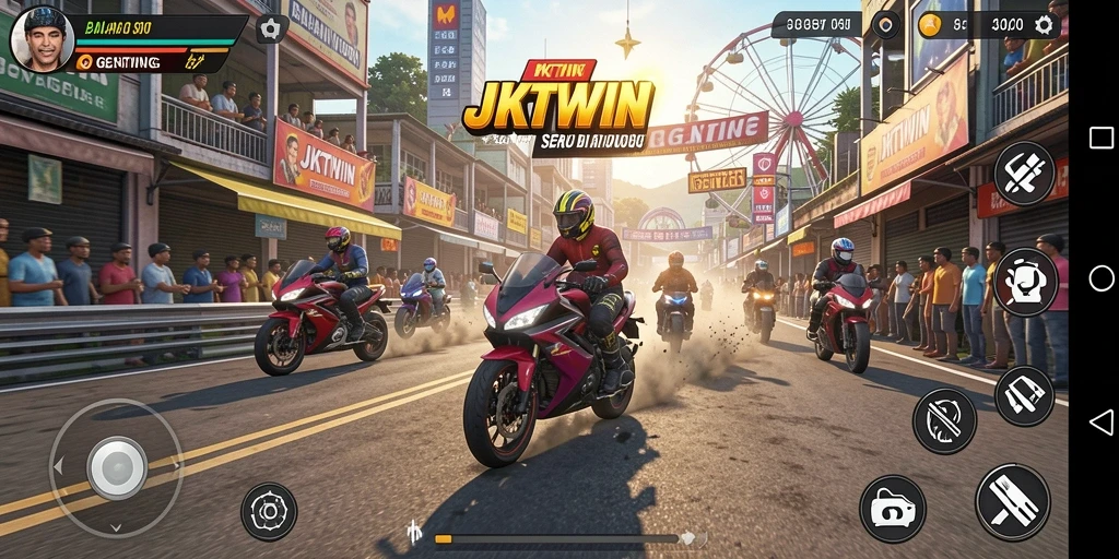 Screenshot JKTWIN menunjukkan aksi balapan motor yang mendebarkan.