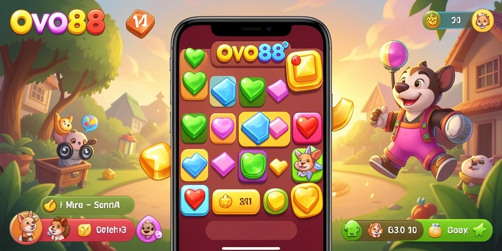 Screenshot gameplay OVO88 dengan banyak elemen Match-3 yang cerah.