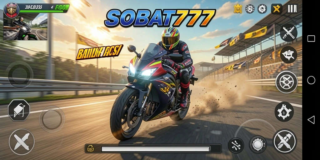 Tampilan gameplay SOBAT777 dengan aksi balap motor menarik.